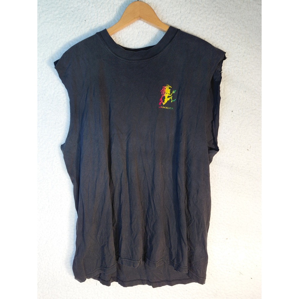 Vintage Rasta Man Jamaica Muscle Tee Black Distressed Sleeveless Graphic Shirt
